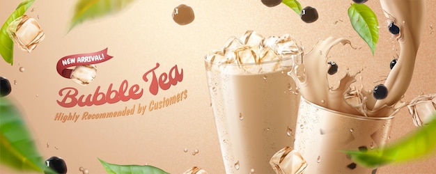 Banner pubblicitari di bubble tea con spruzzi di tè al latte