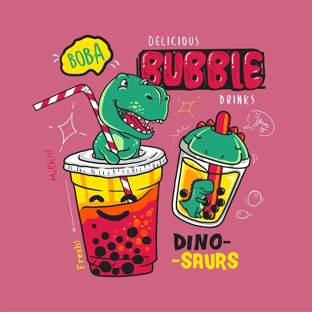 Poster del banner del tè a bolle tè a bolle con frutta e bacche frullato di frullato e dinosauro cartone animato