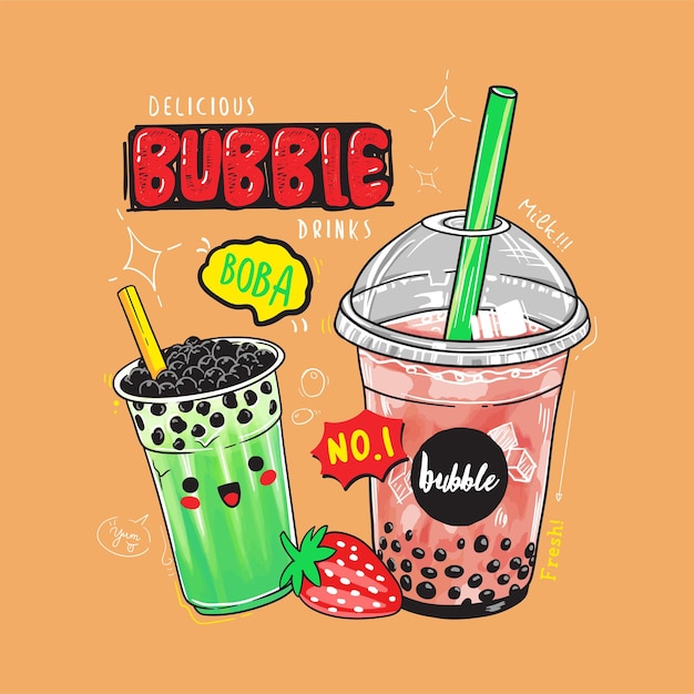 Vector bubble tea banner poster bubble tea with fruits and berries milkshake smoothie in plastic cups gre