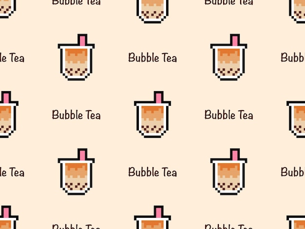 Bubble tea cartoon character seamless pattern on orange backgroundPixel style