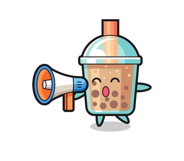 Illustrazione del personaggio di bubble tea che tiene un megafono, design in stile carino per maglietta, adesivo, elemento logo
