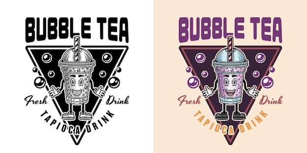 Bubble tea cup cartoon character vector emblem in two styles black on white background and colorful