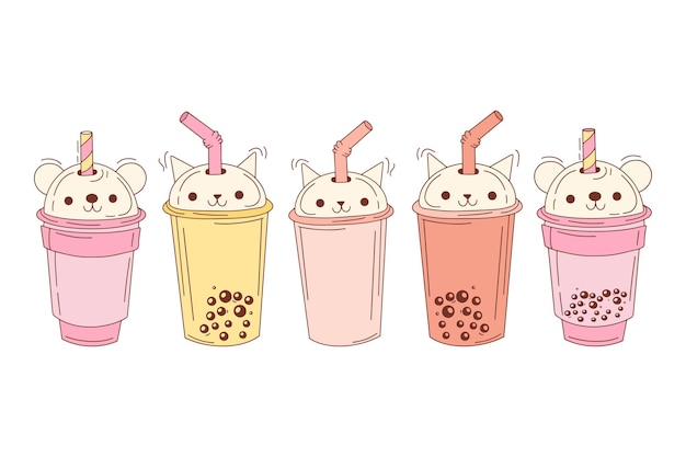 Bubble tea cup design collectie smakelijke dranken frisdranken met doodle stijl banner Bubble milk thee advertenties met heerlijke tapioca en parel bubble tea menu grafische sjabloon