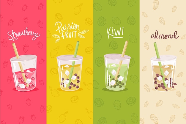 Bubble tea flavors hand drawn style