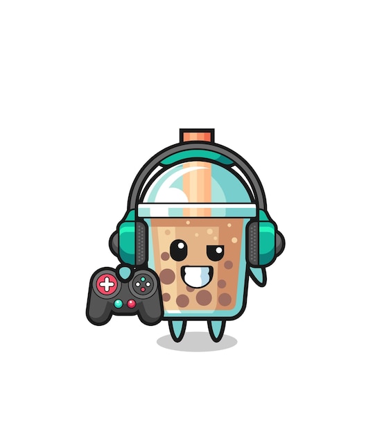 Bubble tea gamer-mascotte met een gamecontroller