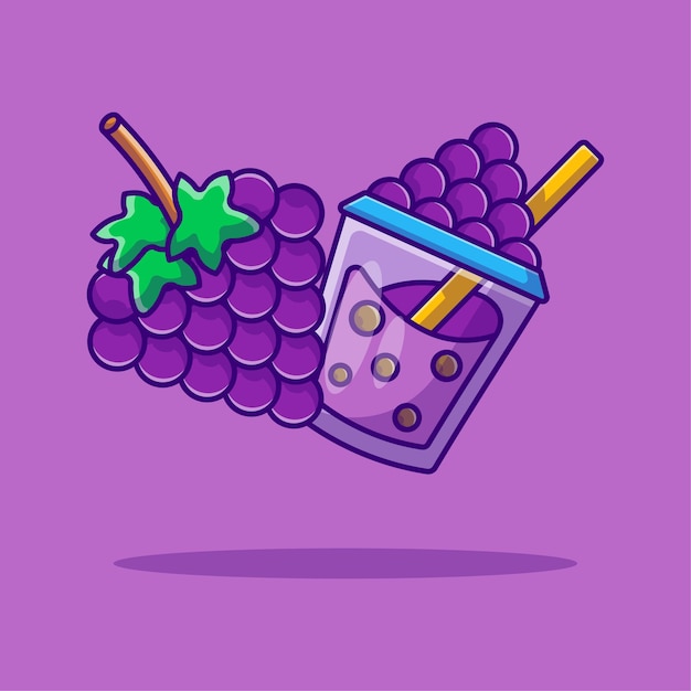 Bubble Tea and Grape   Cartoon Illustration. Bubble Tea and Fruit Icon Concept White Isolated. Flat Cartoon Style