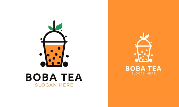 Bubble tea-logo met parel- en bladpictogram voor dranketiket