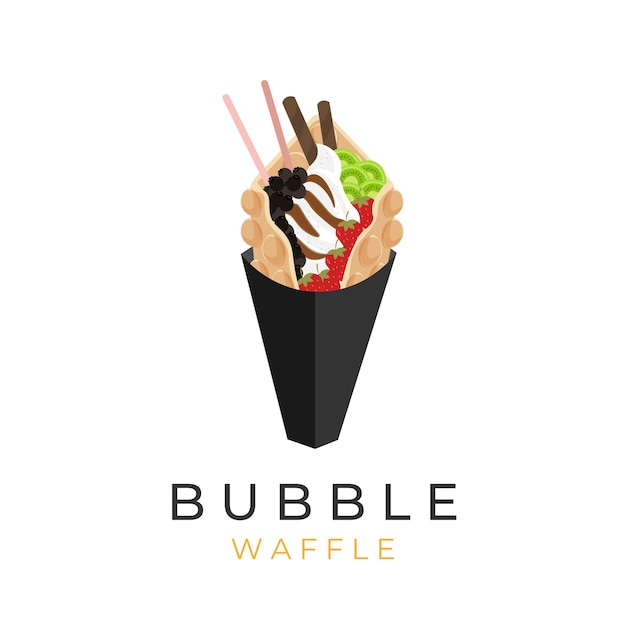 Bubble waffle gelato illustrazione logo con topping di frutta fresca e rotolo di wafer