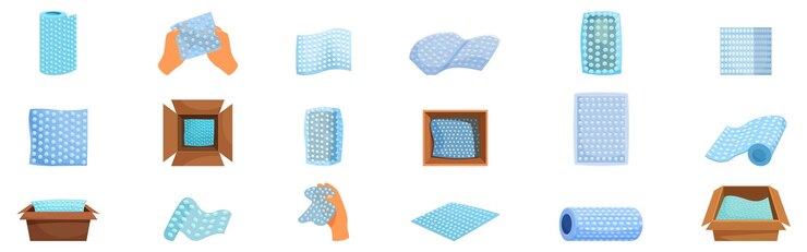 Vector bubble wrap package icons set warehouse worker packing fragile goods using bubble wrap for safe shipping