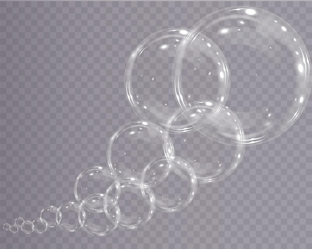 Bubbles are located on a transparent background. Vector flying soap bubble. Bubble PNG Water glass.