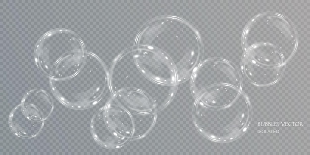 Пузыри расположены на прозрачном фоне. Векторный летающий мыльный пузырь. Пузырь PNG Стакан воды.