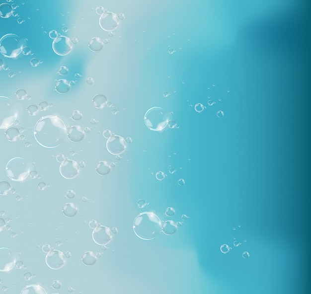 Vector bubbles in water on blue background horizontal. circle and liquid, light design, clear soapy shiny