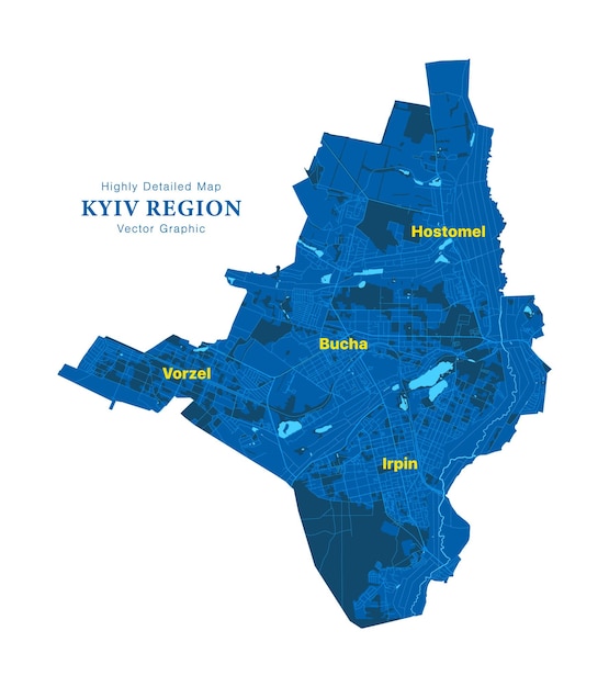 Bucha Irpin Hostomel Vorzel zeer gedetailleerde vector kaart van Kiev regio Oekraïne in patriottische nationale gele blauwe kleuren geïsoleerd op een witte achtergrond oorlogsmisdaden in de door Rusland bezette buitenwijk van Kiev