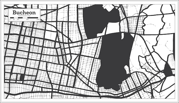 ベクトル レトロなスタイルの黒と白の色の富川韓国の都市地図白地図ベクトルillustrationxa