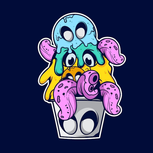 Vector a bucket of doodle melted monster with the tentacle