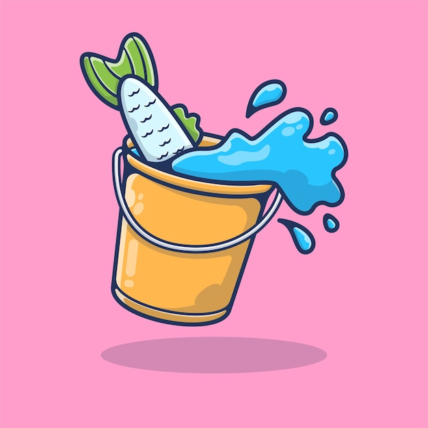 Bucket and Fish with Water Splash   Illustration. Flat Cartoon Style