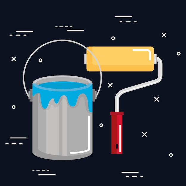 Bucket of paint roller tools work icons