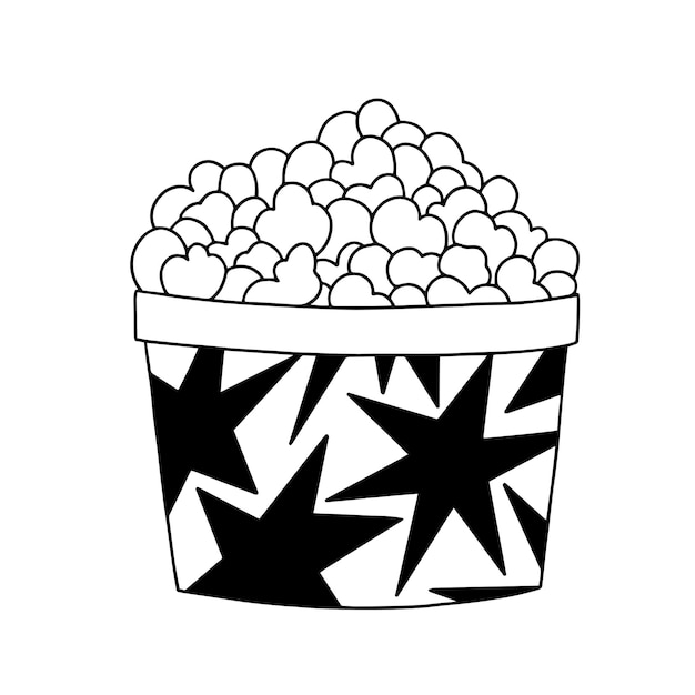 Vector bucket of popcorn black and white line doodle cinema snack food hand drawn meal sign