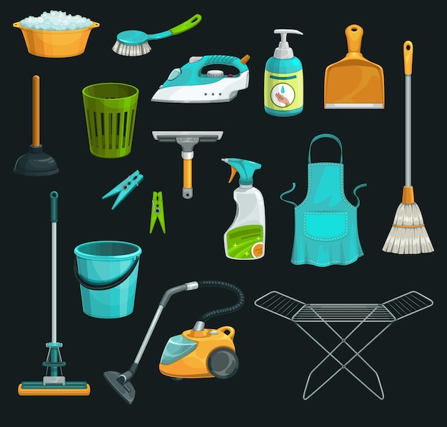 Bucket soap mop broom House cleaning icons