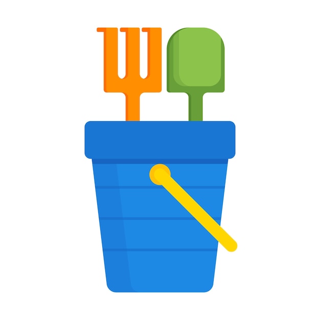 Bucket and spade with sand vector illustration flat icon isolated, kid toys tools symbol, pail shovel label, sandbox design concept.