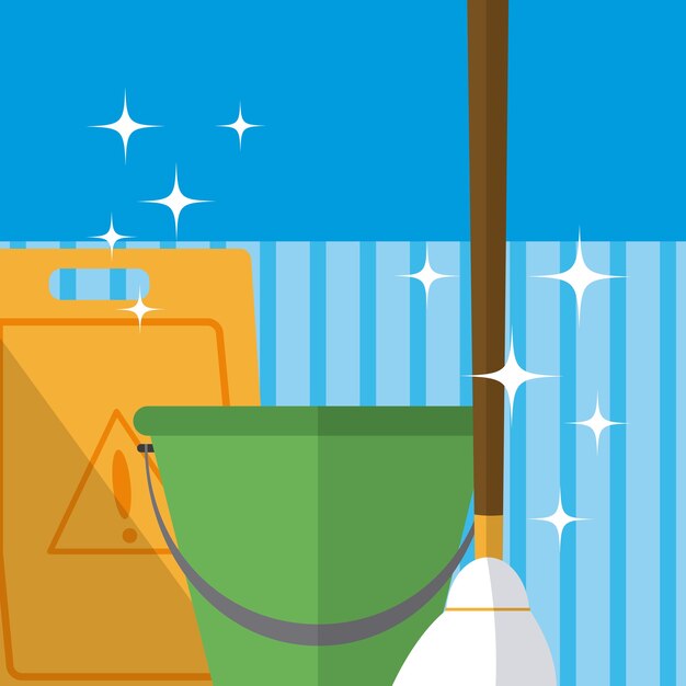 Vector bucket with mop over blue striped background