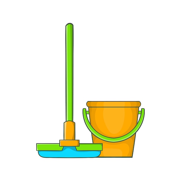 Bucket with mop icon in cartoon style on a white background