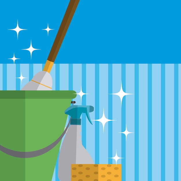 Bucket with mop and splash over blue striped background 