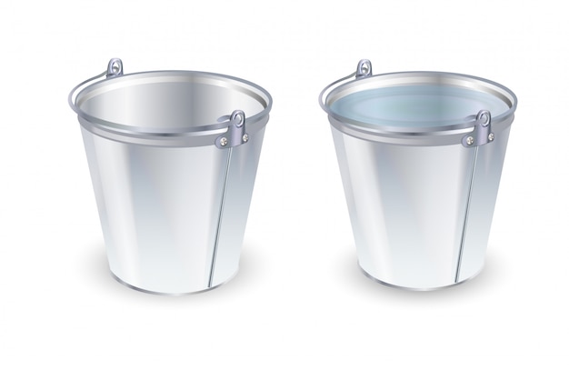 Vector buckets set. flat vector illustration. bucket empty and with water.