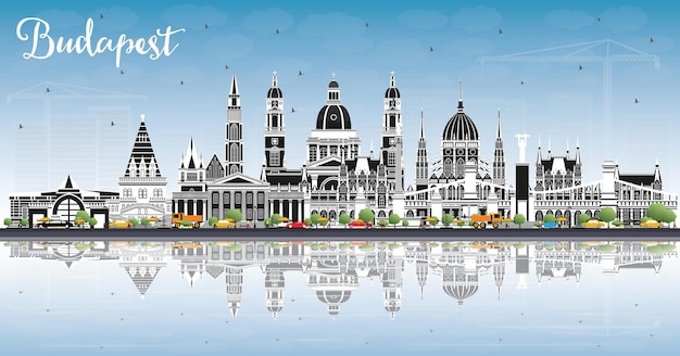 Vector budapest hungary city skyline with gray buildings blue sky and reflections vector illustration business travel and tourism concept with historic architecture budapest cityscape with landmarks