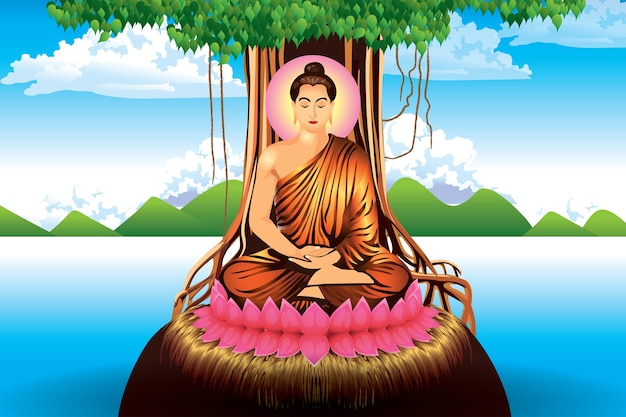 Vector buddah zit onder bodhi tree