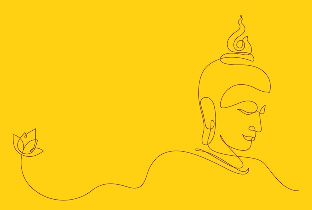 Vettore arte della linea del viso di buddha decorata con una linea continua di ninfee di loto