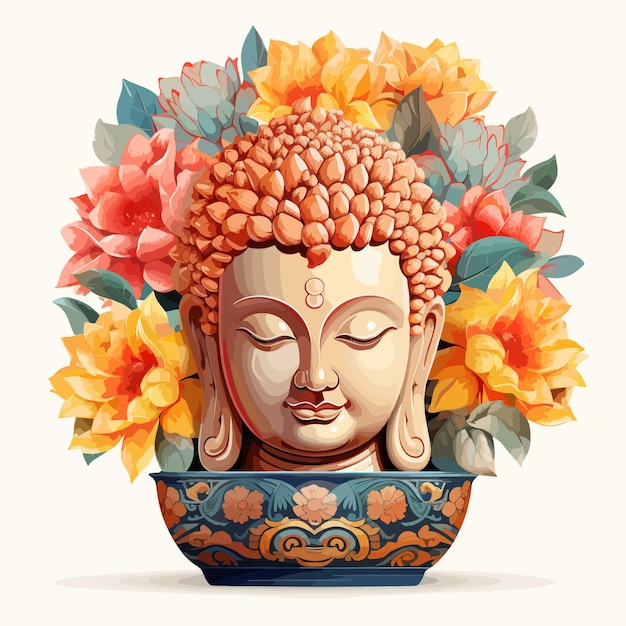 Vettore illustrazione vettoriale del vaso di fiori in ceramica della testa di buddha