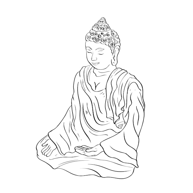 Декоративный рисунок линии Будды Эскиз сидящей или медитирующей статуи Будды