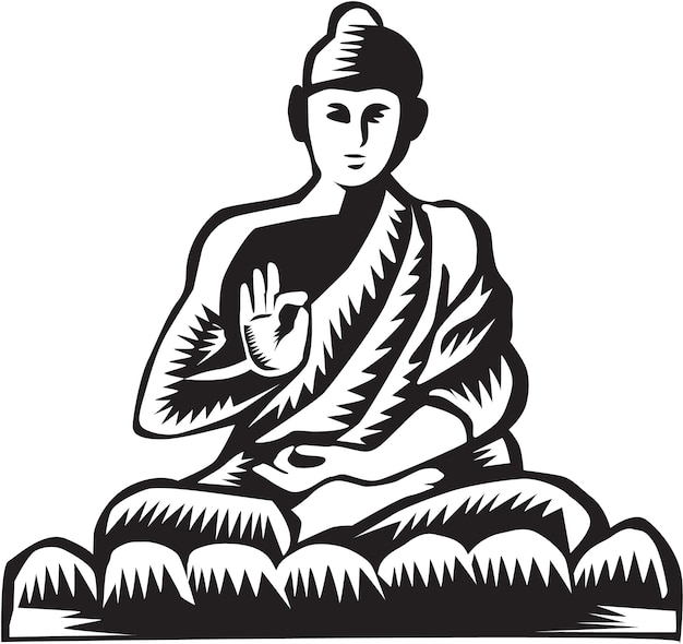 Vector buddha lotus pose woodcut