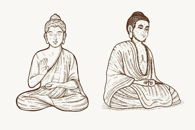 Buddha meditating hand drawn illustration two different position set