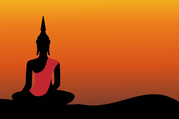 Силуэт будды в медитации и иллюстрация фона заката