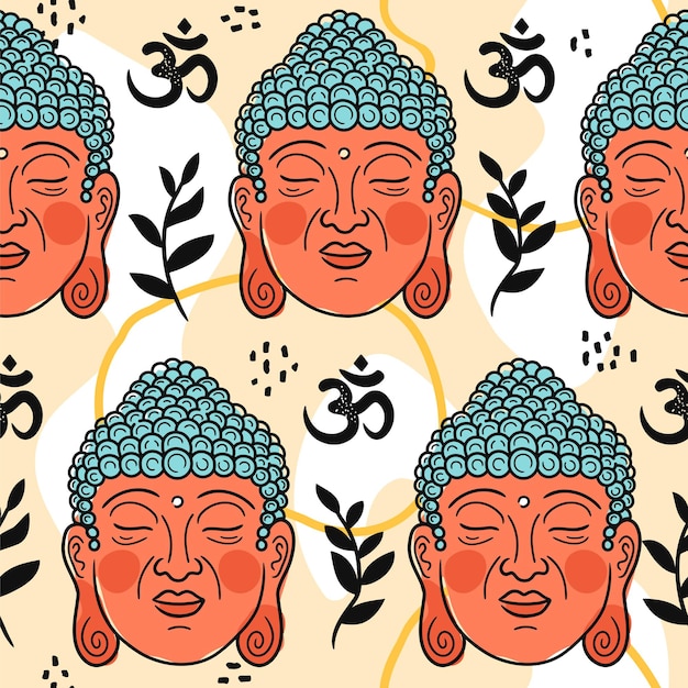 Ritratto di buddha nel modello senza cuciture di stile scandinavo. icona dell'illustrazione del personaggio dei cartoni animati di vettore. vivaio del personaggio del viso di buddha, stampa yoga per poster, carta, concetto di carta da parati senza cuciture per t-shirt