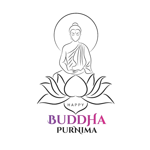 Buddha purnima greetings with lord buddha yoga pose line stroke black symbol