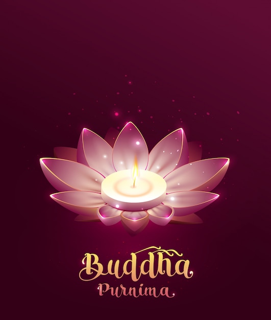 Будда пурнима весак день lettring текст поздравительной открытки. цветок лотоса и горящая свеча