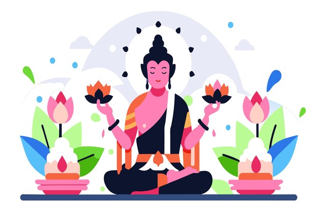 A Buddha statue seated in a lotus position with various flowers around it