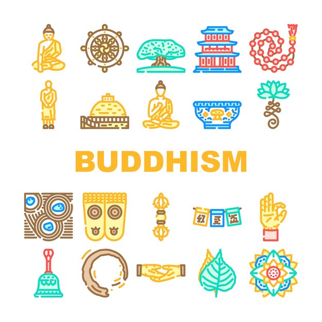 Vector buddhism religion buddha thailand icons set vector