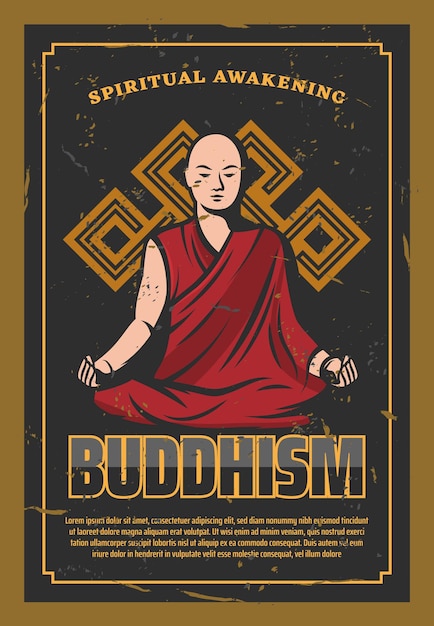Плакат религии буддизма с монахом в позе лотоса
