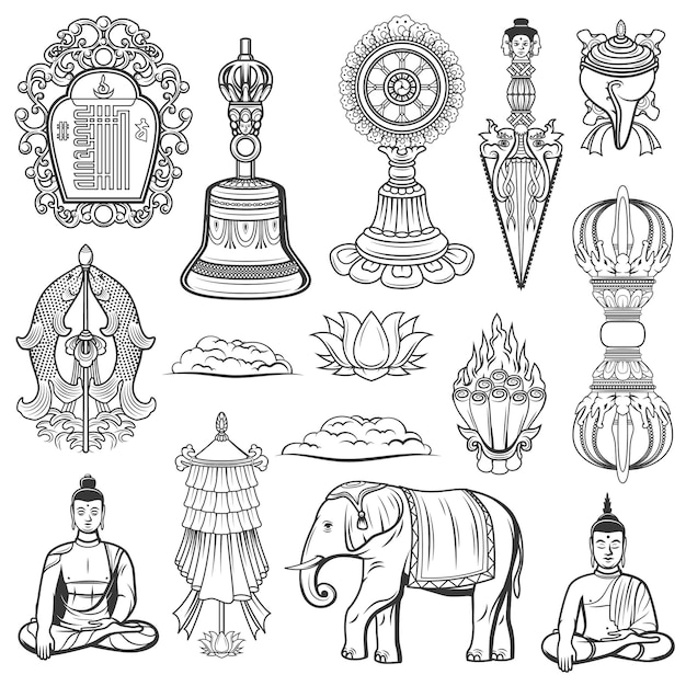 Vector buddhism religion sacred symbols vector icons