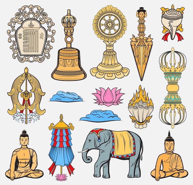Vector buddhism religion symbols, sacred signs icons