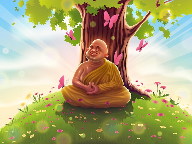Буддийский монах в желтой одежде в глубокой медитации самадхи сидит под деревом Бодхи.