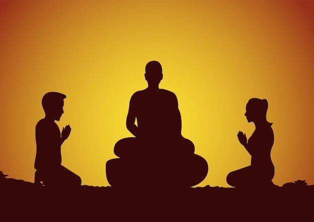 Buddhist woman and man pay respect to monk politely with faith and believe