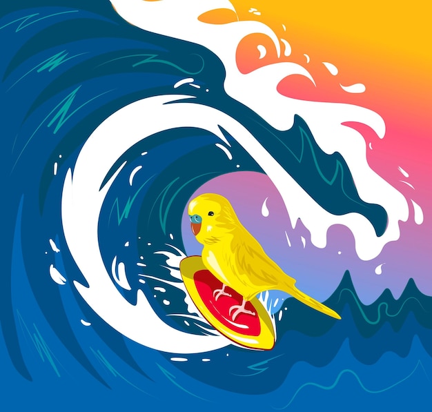 Budgerigar surging on wave perfect for decor such as posters wall art tote bag tshirt print
