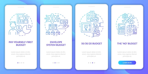 Budget approaches blue gradient onboarding mobile app screen Walkthrough 4 steps graphic instructions pages with linear concepts UI UX GUI template Myriad ProBold Regular fonts used