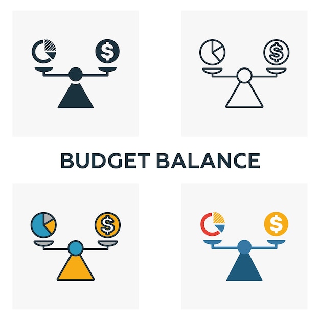 Budget Balance icon set Four elements in diferent styles from business management icons collection Creative budget balance icons filled outline colored and flat symbols