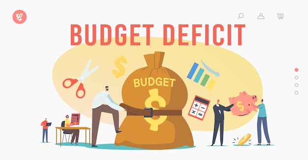 budget deficit landing page template. tiny businessman character tight huge budget sack with belt. poor man and woman with empty piggy bank. business people economy crisis. cartoon vector illustration